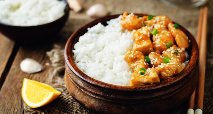 Orange chicken served in a bowl with white rice