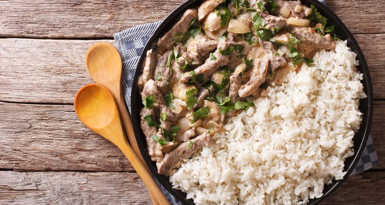 beef stroganoff and rice close-up on plate