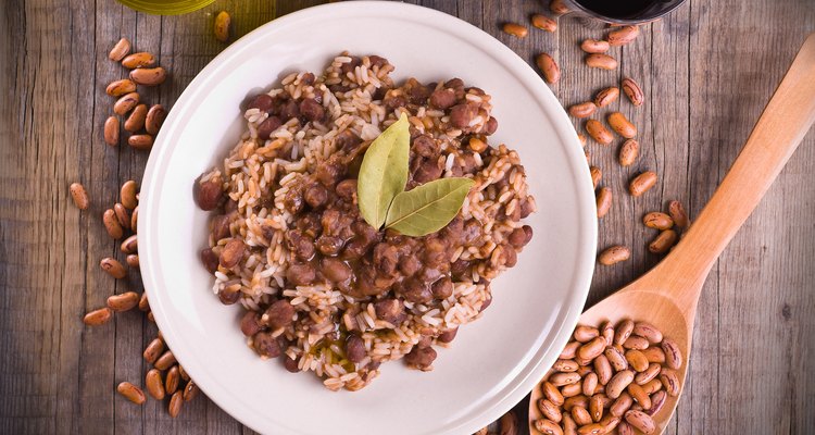 Red beans and rice in a dish on a wooden table