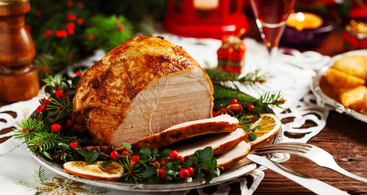 Christmas baked ham, served on the old plate.