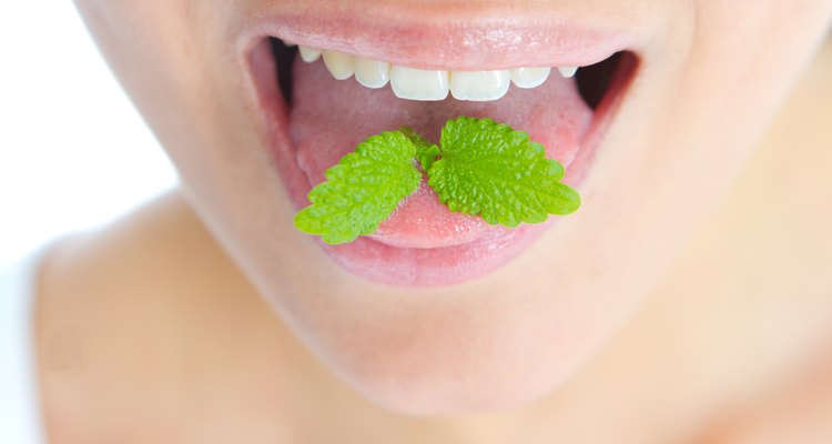 Close-up of mint leaves on a woman's tongue