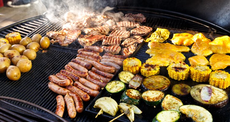 Hot barbecue with meat and vegetables.
