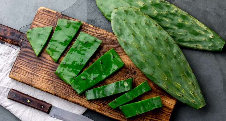 Leave of cactus nopales. Mexican food and drink ingredient. top view