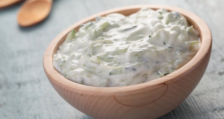 Tzatziki in a wooden bowl