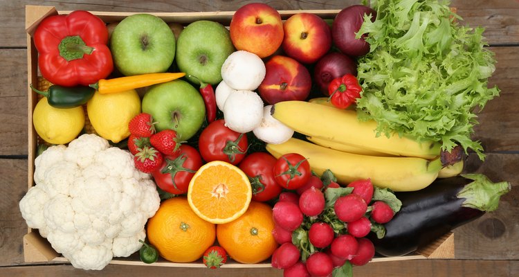 Healthy eating fruits and vegetables in box from above