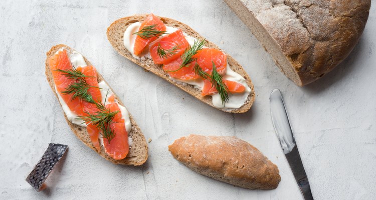 Homemade toast with smoked salmon. Top view.