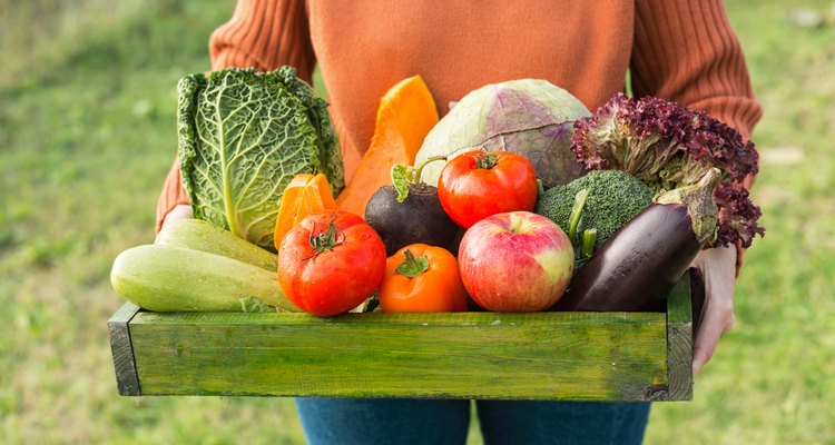 farmer holding box with fresh organic vegetables