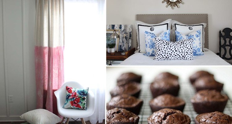 dip-dyed curtains, a bed with a headboard, and brownies.