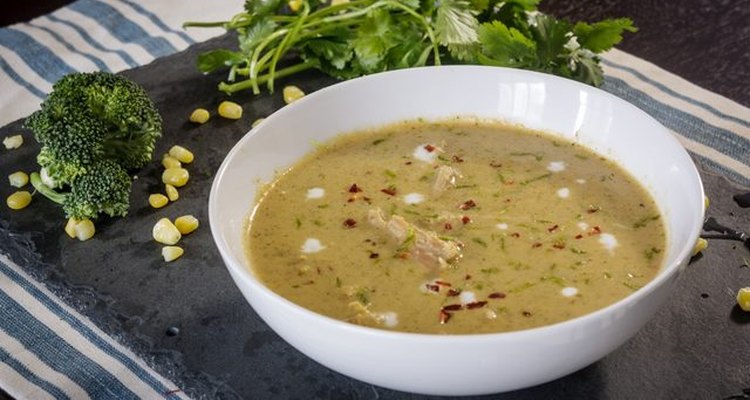 Green curry inspired broccoli and chicken soup with garnishes