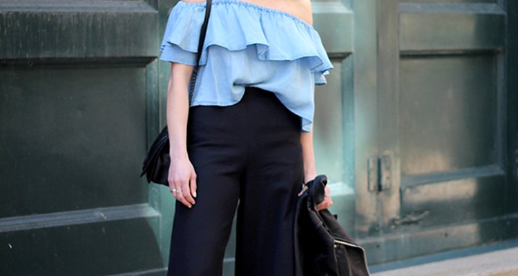 Chambray off the shoulder top and black culottes