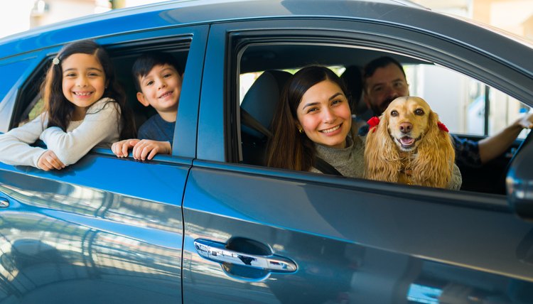 Familia con perro dentro de un auto azul.