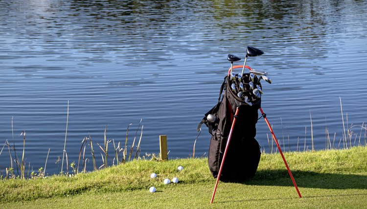 Golf bag in a golf course.