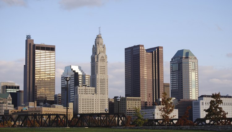 The Columbus skyline, home of Ohio State, shown in the evening.