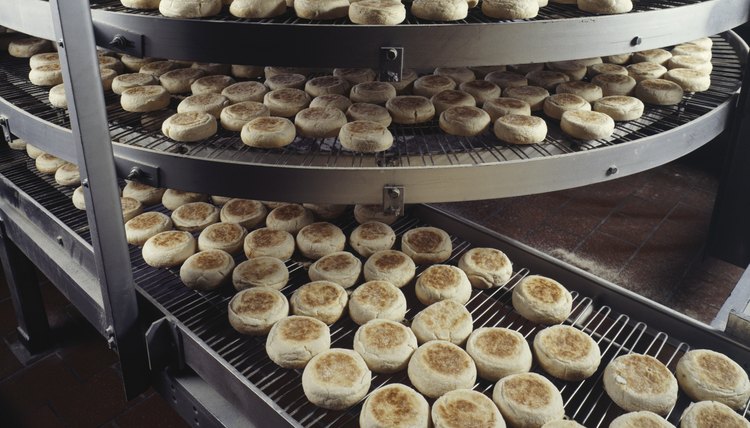Bakery producing English muffins, elevated view