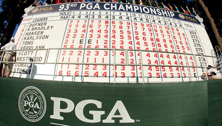 The 2011 PGA Championship scoreboard shows plenty of below-par numbers in red, and a few even-par scores in black.