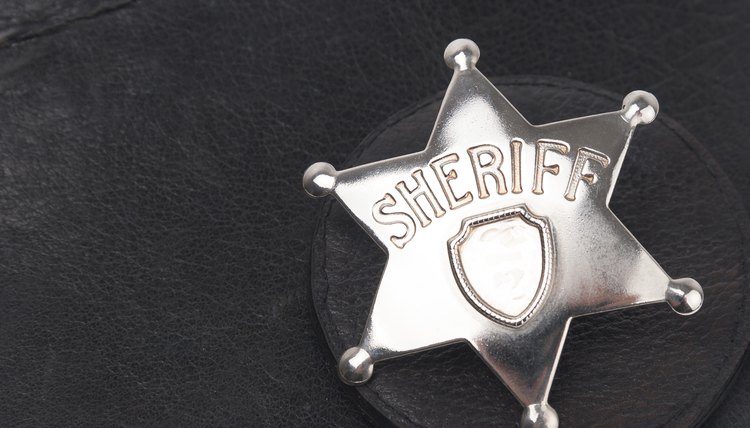 A close-up of a sheriff's badge on a leather satchel.