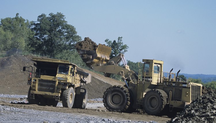 Front-loader filling dump truck, heavy construction road building equipment