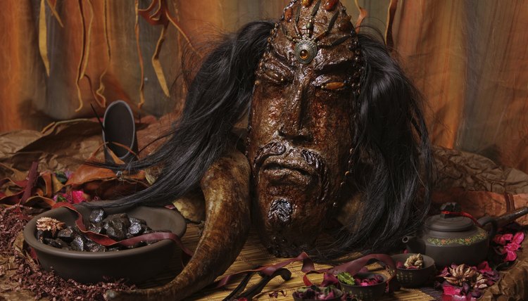 Spirit walker mask leaning against a wall.