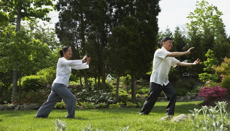 Senior Asian couple practicing tai chi