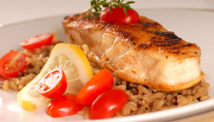 Halibut seared on a bed of brown rice