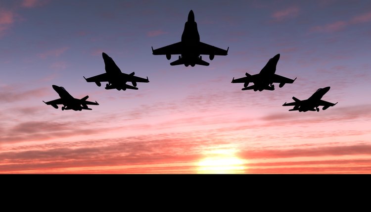 Five jets flying at sunset.