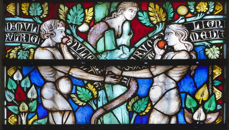 Stain glass illustration of Adam and Eve
