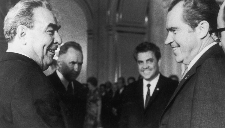 President Richard Nixon meets Russian President Leonid Brezhnev in Moscow after the Strategic Arms Limitation Talks, 31st May 1972.