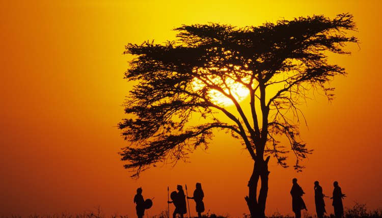 Tribesmen stand in an African sunset.