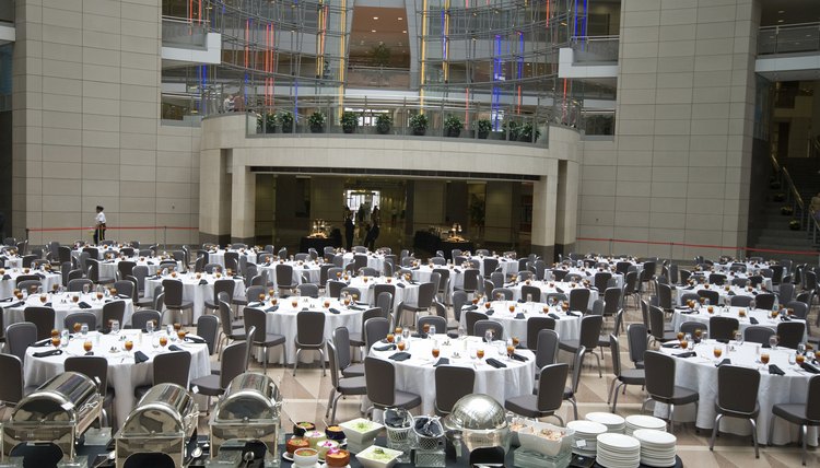 A convention room is set and ready for attendees.