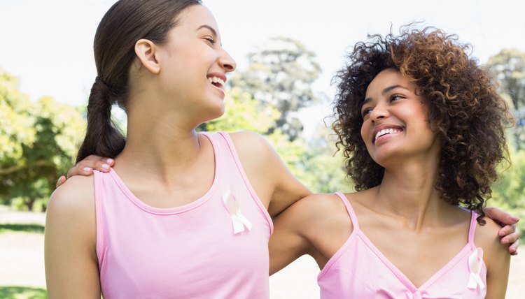Women wearing breast cancer awareness ribbons