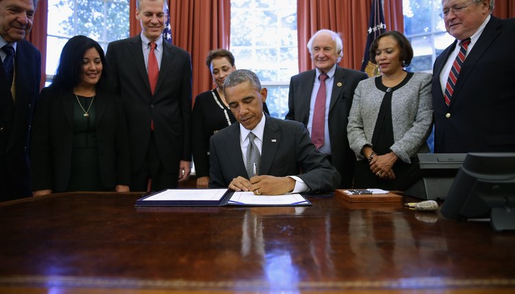 President Obama signing a document in front of staff in the Oval Office.