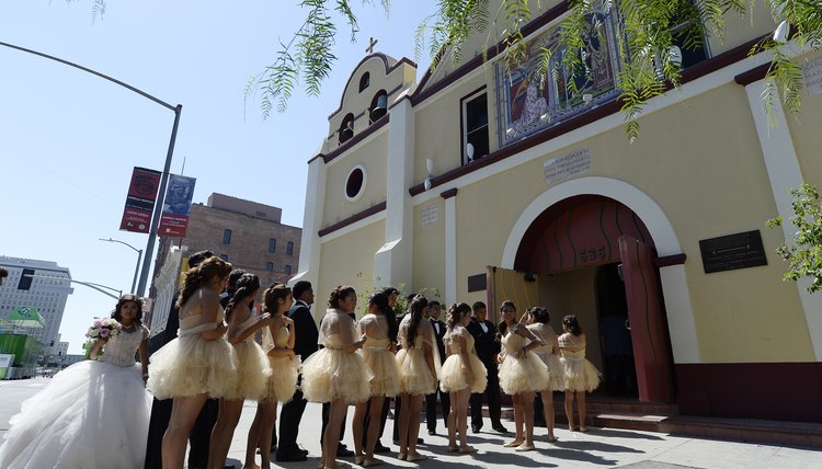 Quinceanera celebrations outside cathedral in Los Angeles, CA.