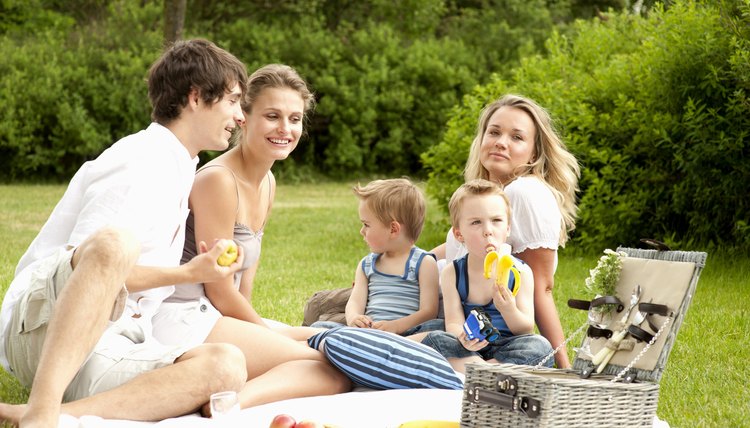 Family with two children and friend having picnic in park
