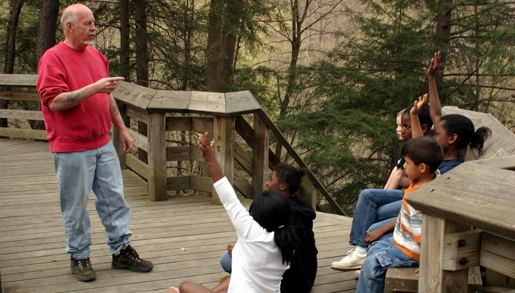 School children on a field trip listening to a guide.