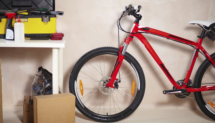 A mountain bike in a garage