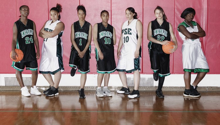 Team of female teenage basketball players lined up against wall