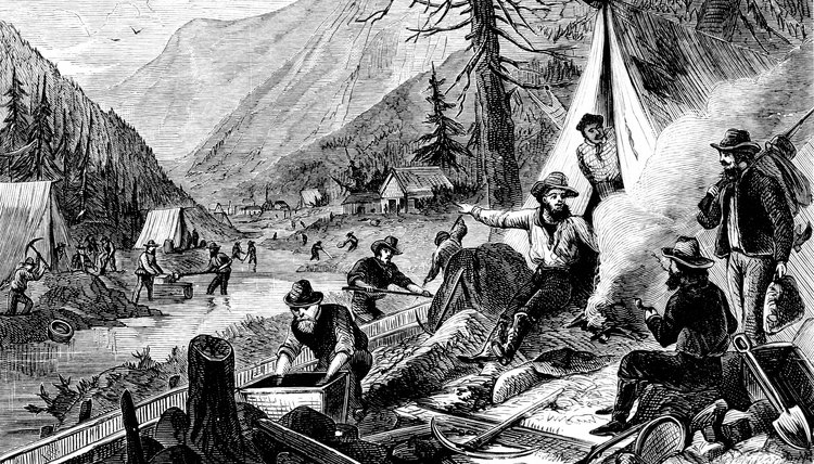 Black and white illustration of the gold rush.