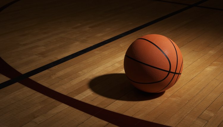 Basketball on basketball court, elevated view