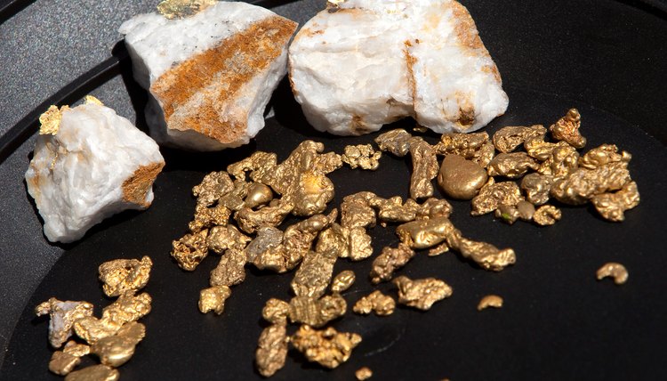 Gold nuggets found panning and quartz with gold strands