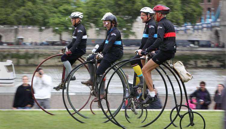 Penny Farthing Cyclists Arrive In London Before The Brooks Penny Farthing Sprint