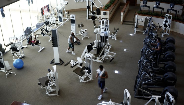 People working out in gym, elevated view