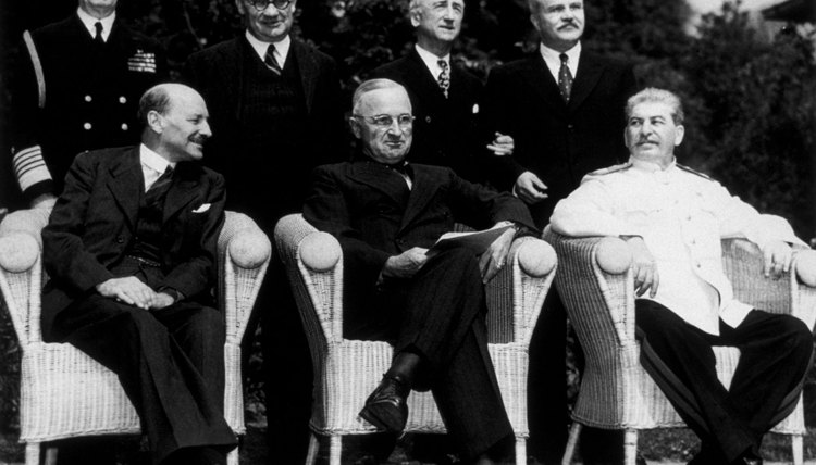 The new 'Big Three' at the Potsdam Conference, after Attlee succeeded Churchill as British Prime Minister. L-R seated: Clement Attlee, Harry S Truman and Joseph Stalin in August 1945.