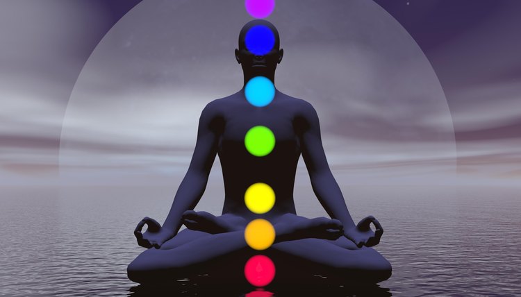 Silhouette of a man meditating with seven colorful chakras upon ocean by full moon dark night