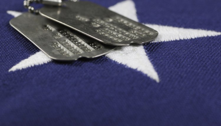 Military dog tags on top of American flag.