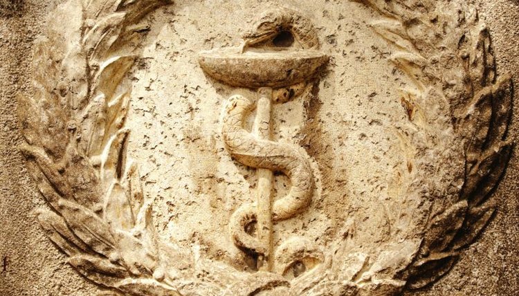 Carving of a snake wrapped around a stick.