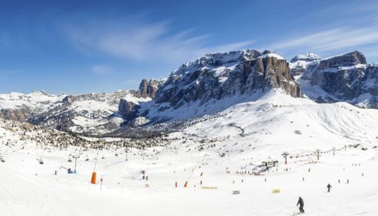 Panoramic view of Val Di Fassa ski resort in northern Italy.