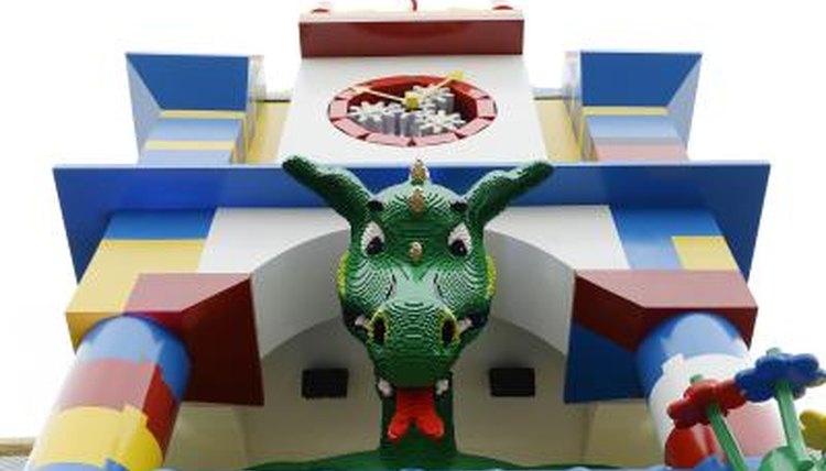 Large smoke breathing Lego dragon at the entrance of Legoland Hotel