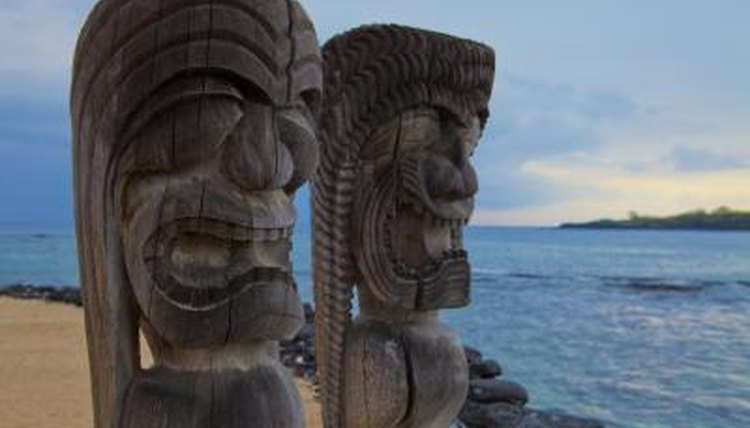 Hawaiian warriors wooden carved sculptures
