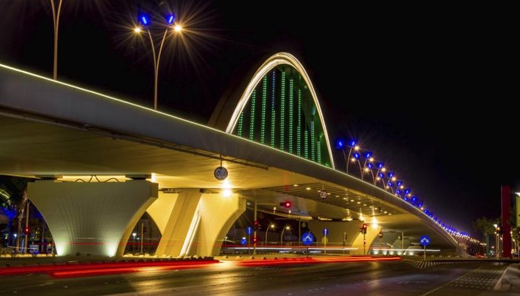 Illuminated bridge in Riyadh, Saudi Arabia