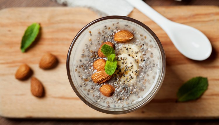 Chia seeds pudding with oat, banana and almonds with mint